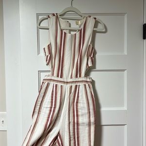 White and muted red striped pant romper